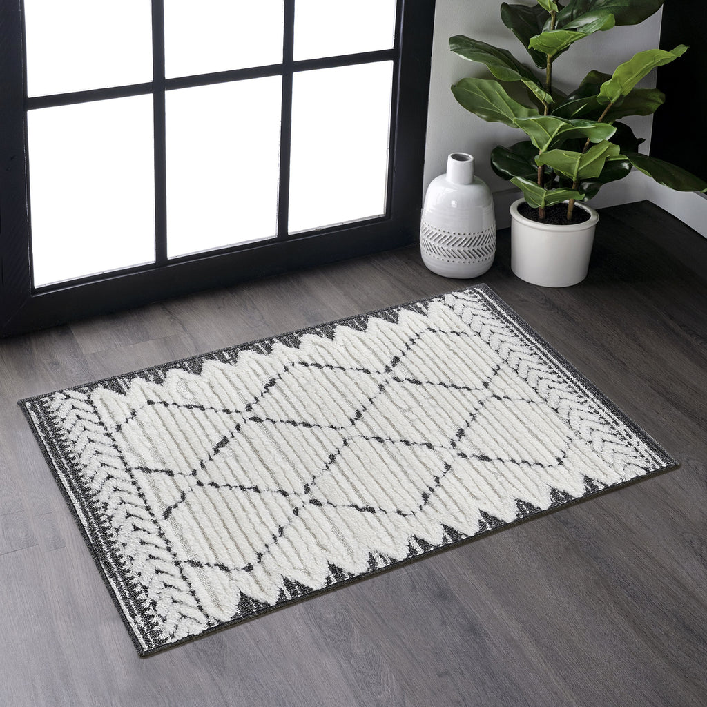 Step Collection High-Low Trellis Cream/Anthracite Indoor Area Rug, 2'x3', Modern, Contemporary, Geometric, Bohemian, Bedroom