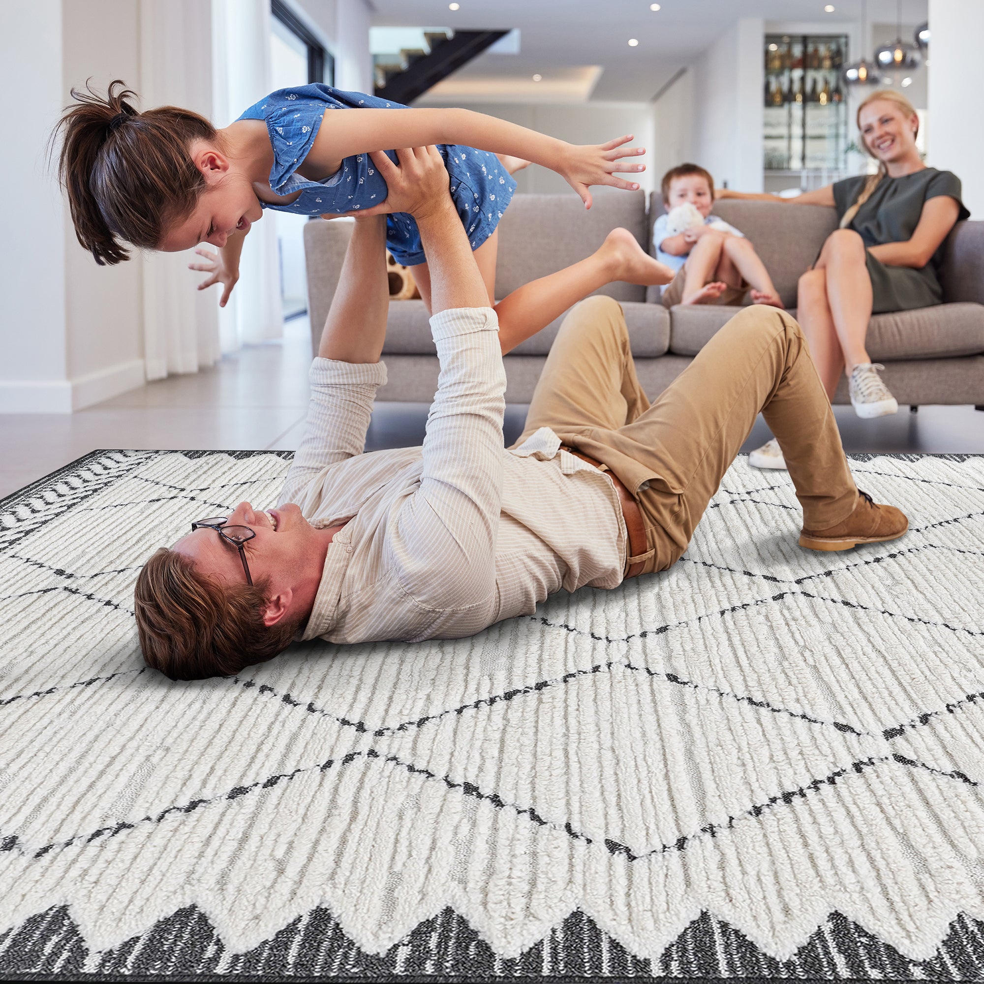 Step Collection High-Low Trellis Cream/Anthracite Indoor Area Rug, 2'x3', Modern, Contemporary, Geometric, Bohemian, Bedroom