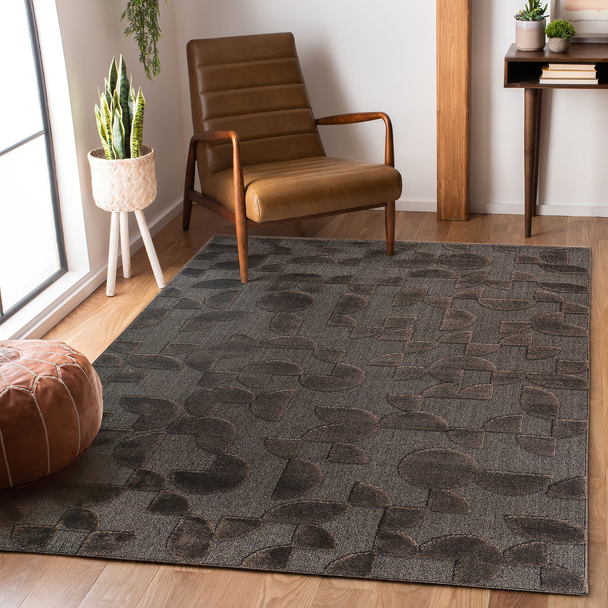 High-Low Brown Indoor Area Rug, 7'9''x10',  Non Shedding Carpet, Modern, Contemporary, Geometric, Bohemian, Bedroom