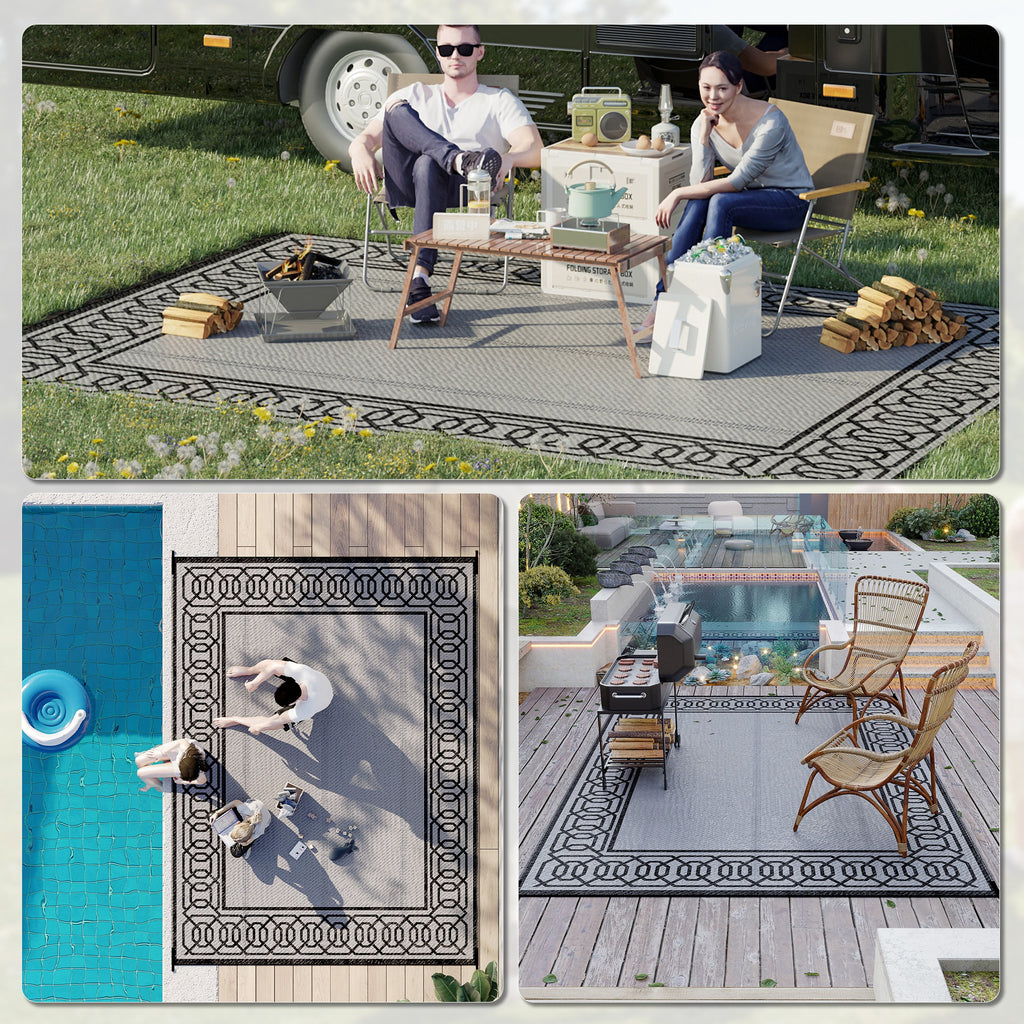 Reversible Outdoor Rug, 9' x 12' Waterproof Plastic Straw Floor Mat, Portable RV Camping Carpet