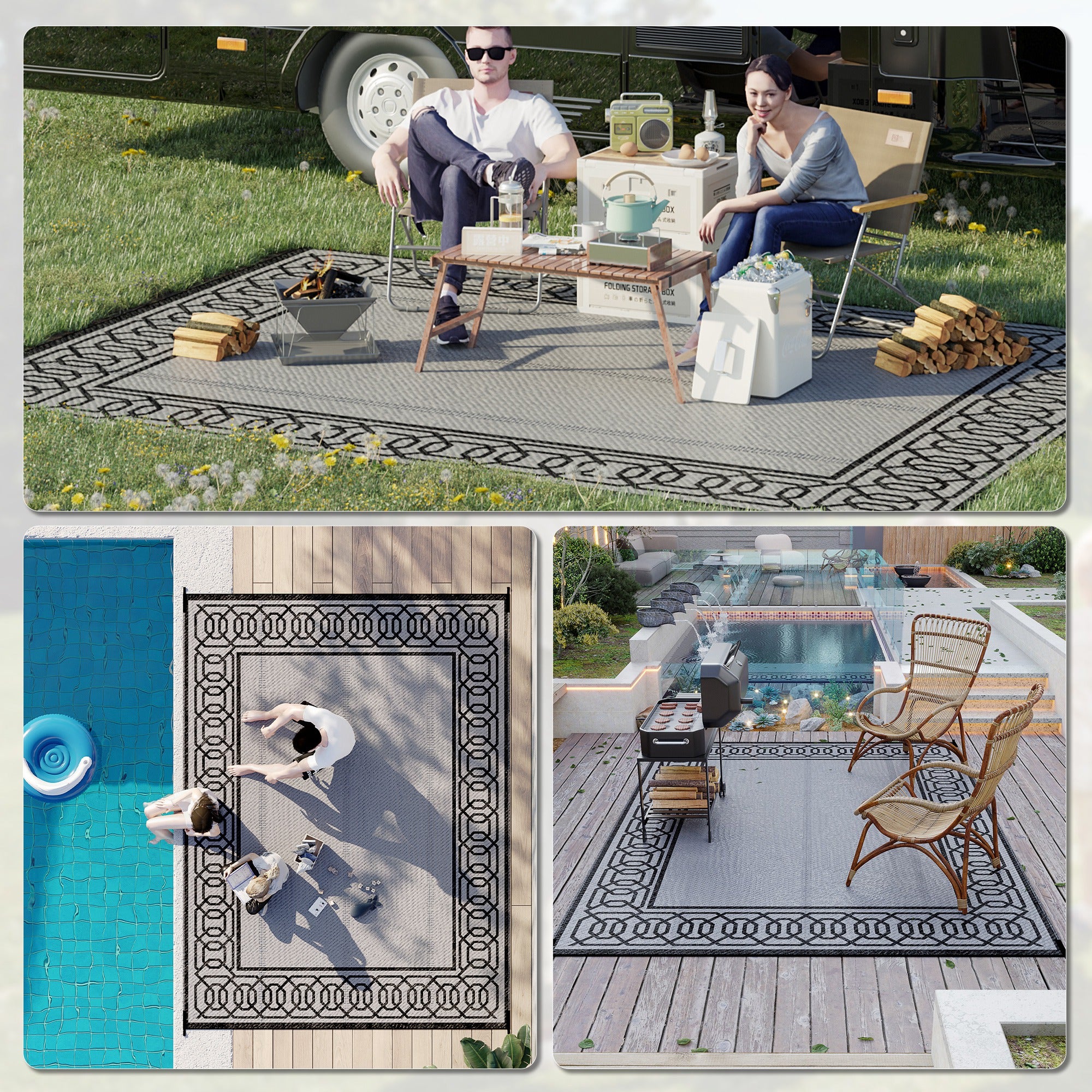 Reversible Outdoor Rug, 9' x 12' Waterproof Plastic Straw Floor Mat, Portable RV Camping Carpet