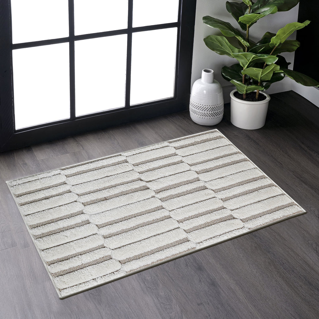 Step Collection High-Low Striped Beige/Cream Indoor Area Rug, 2'x3', Modern, Contemporary, Geometric, Bohemian