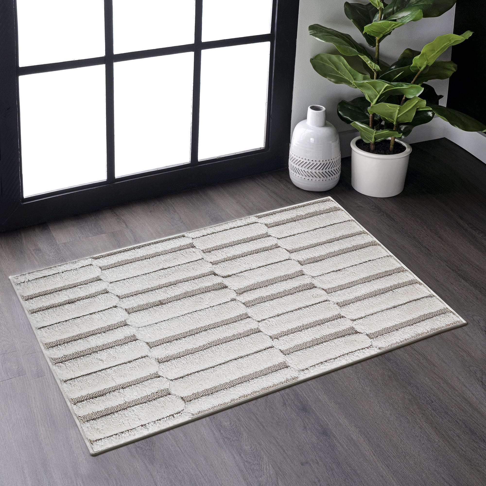 Step Collection High-Low Striped Beige/Cream Indoor Area Rug, 2'x3', Modern, Contemporary, Geometric, Bohemian